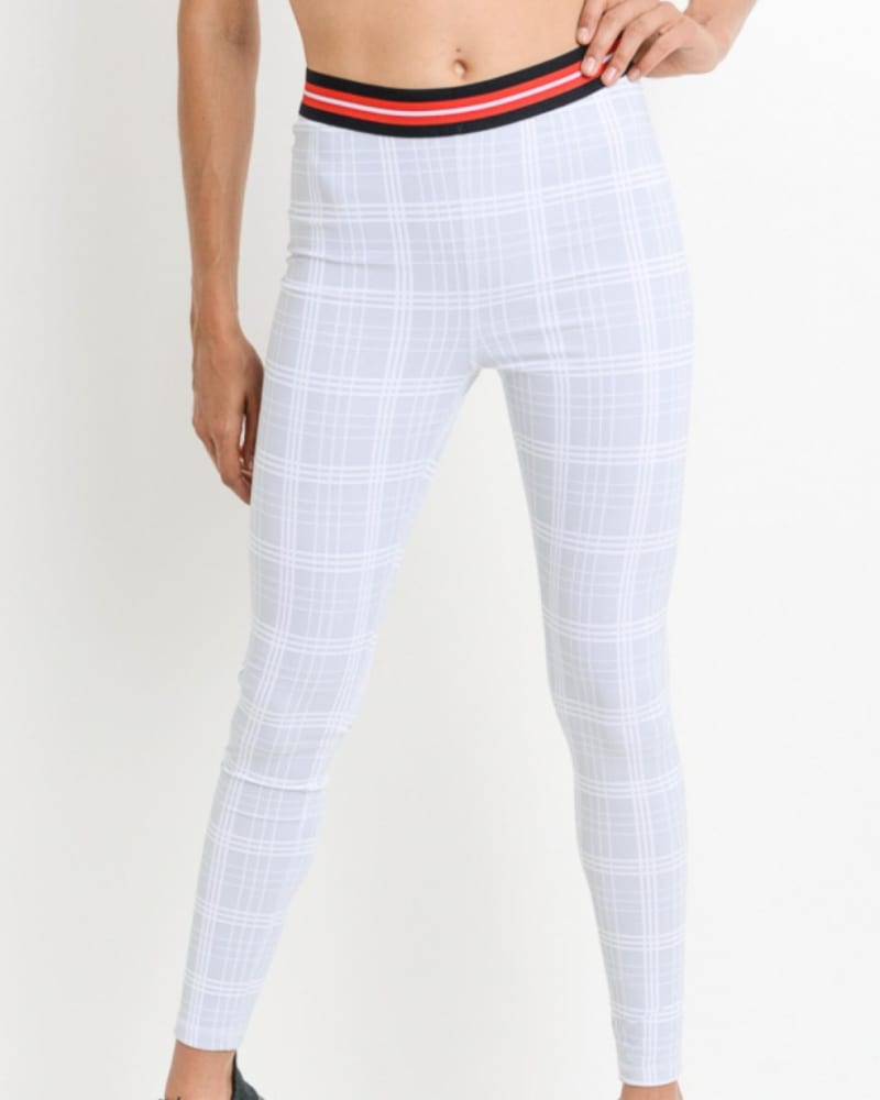 Front of a model wearing a size L Tartan Print Varsity Highwaist Legging In White in White by mono b. | dia_product_style_image_id:356774